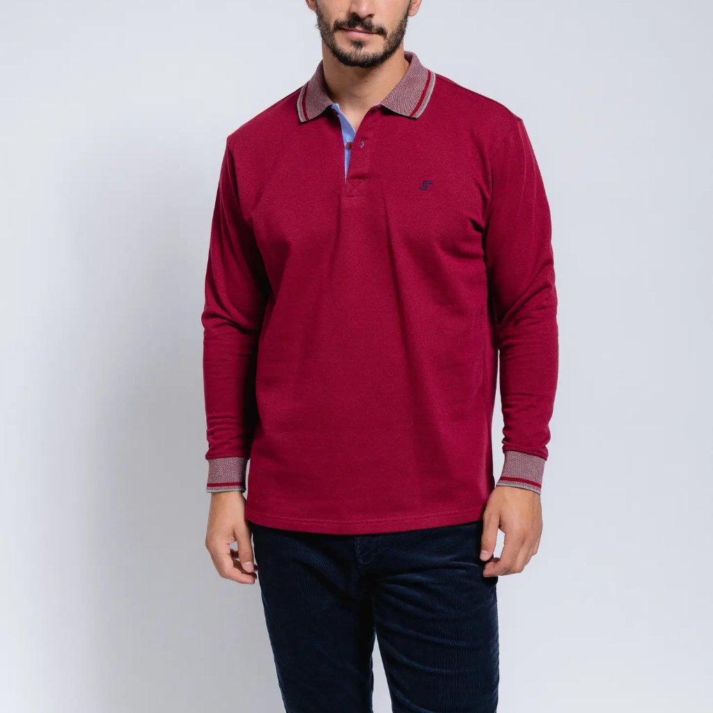 Smf Burgundy Knit Long Sleeve Button Up Knit Polo With Contrast Collar And Cuff